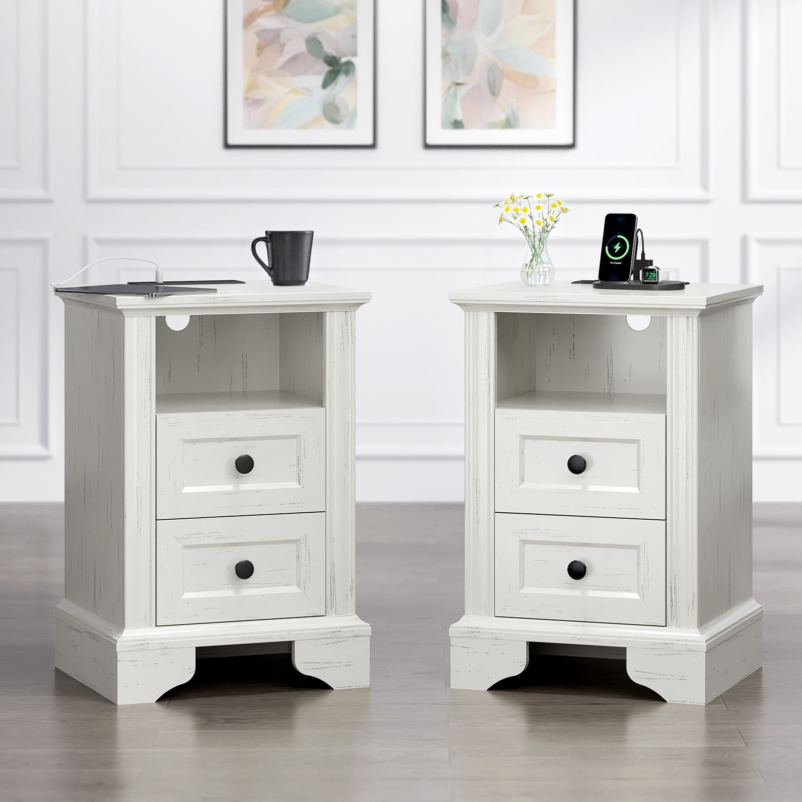 Zimtown 2-Drawer Nightstand, Side Table End Table with Charing Station, White
