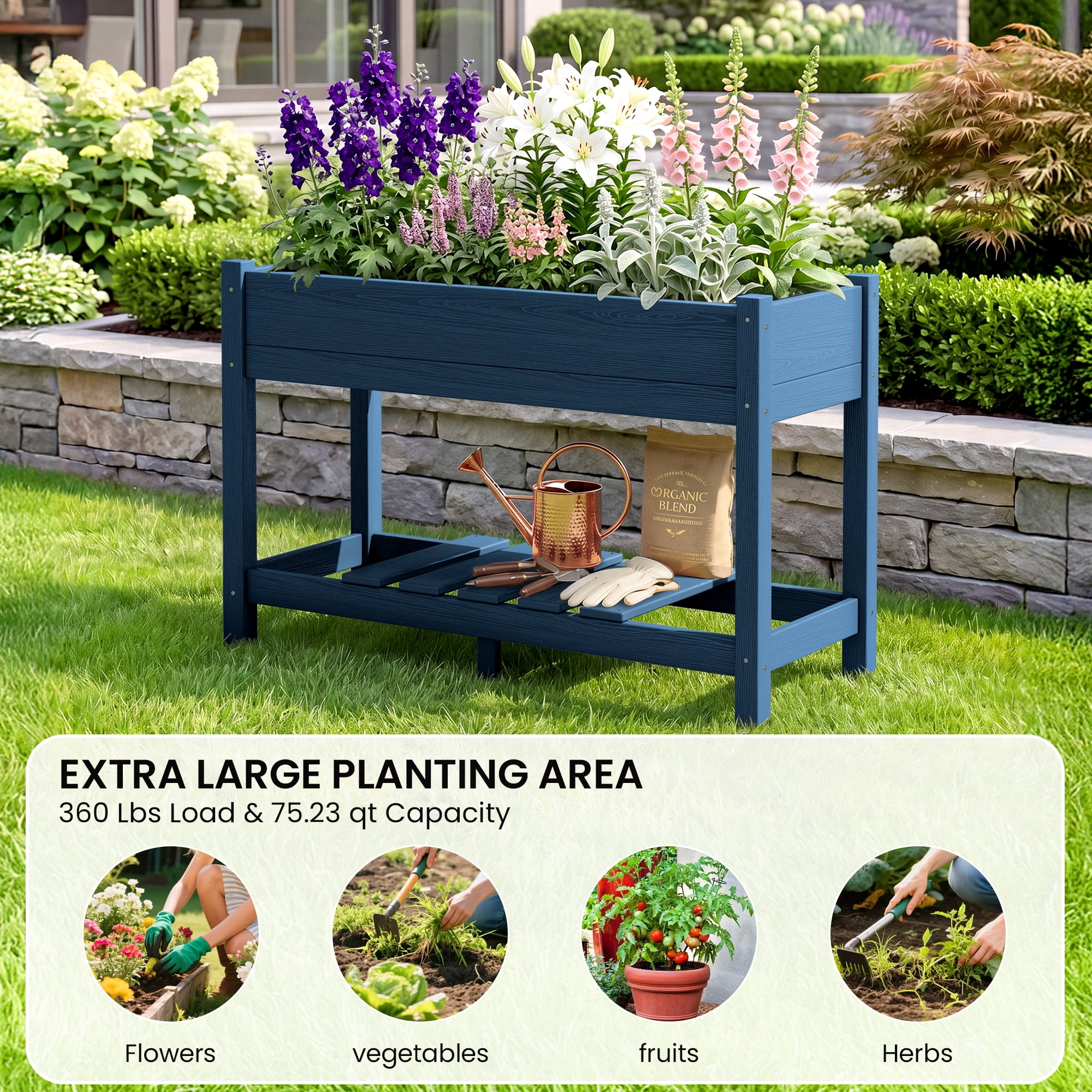 SERWALL HDPE Raised Garden Bed with Legs, 43"x16"x30" Elevated Planter Box, Outdoor Planter for Vegetables Flowers, Blue