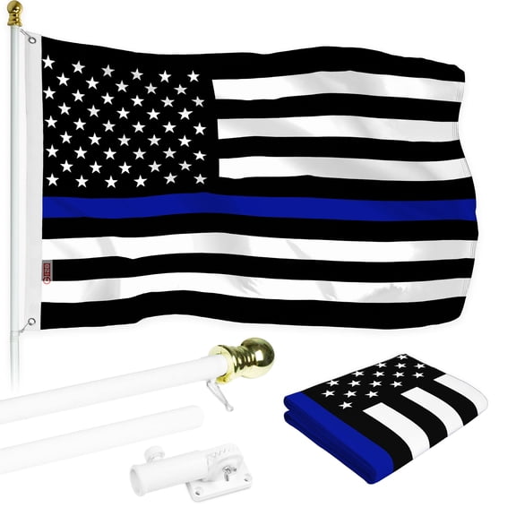 G128 - 6 Feet Tangle Free Spinning Flagpole (White) Thin Blue Brass Grommets Printed 3x5 ft (Flag Included) Aluminum Flag Pole