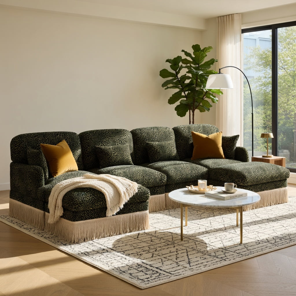Hommoo 131" Modern Leopard Print Chenille L-Shaped Sofa Set with Movable Ottoman, Tassel Trim & Ergonomic Deep Seat, 4-Seat Modular Living Room Sofa, Green Black