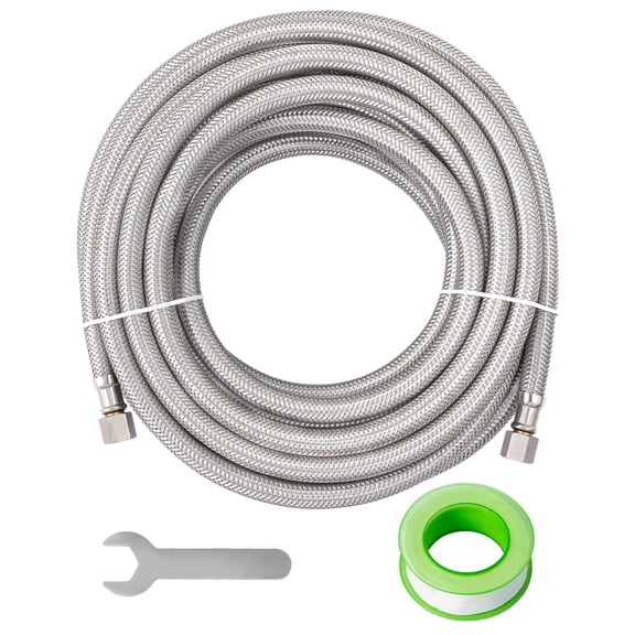 25 Feet Refrigerator Water Line, 1/4" Comp X 1/4" Comp Ice Maker Hose, 25 Feet Stainless Steel Braided Ice Maker Water Supply Line with A Wrench and Sealing Tape (1 Pack)