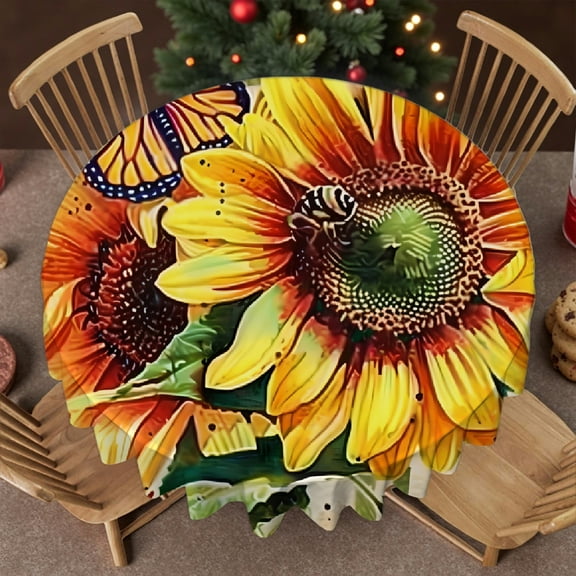 RKSupls Sunflowers Butterfly Print Round Tablecloth, Kitchen Accessories Machine-Made, Sunflowers Butterfly