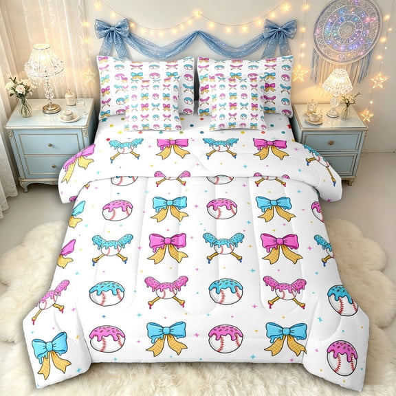 Manfei Blue Pink Ice Cream Drip Twin Bedding Sets 7-Piece for Kids Teens,Boys Girls Sport Baseball Bowknot Bedding Comforter Set,Ultra Soft Home Decor