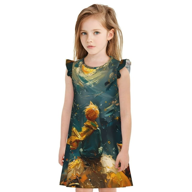 Fotbe Whimsical Starry Night Scene Vestido de Dormir para Niñas de 3 a 10 Años, Mangas Cortas, Estilo Princesa, Pijama Camisón con Mangas Voladas-Medium