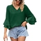 thumbnail image 1 of Estrela Blusa de Mujer Cuello en V Camisa Informal Manga con Volantes Top de Color Puro para Oficina de Viajes de Verano Verde Oscuro XL, 1 of 6