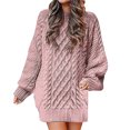 thumbnail image 2 of Leesechin Womens Fall Sweater Dresses Casual Oversized Cable Knit Chunky Pullover Crewneck Long Sleeve Short Sweater Dress Hot Pink, 2 of 8