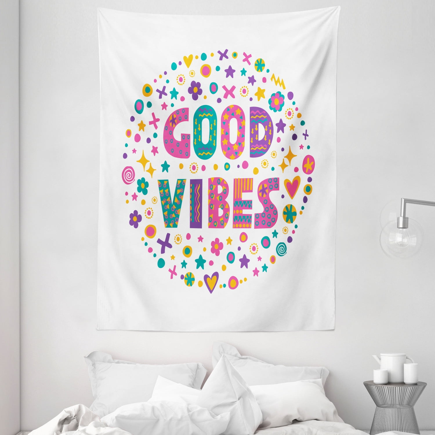 Good Vibes Tapestry, Word Art Theme Cute Doodle Cartoon Figures ...