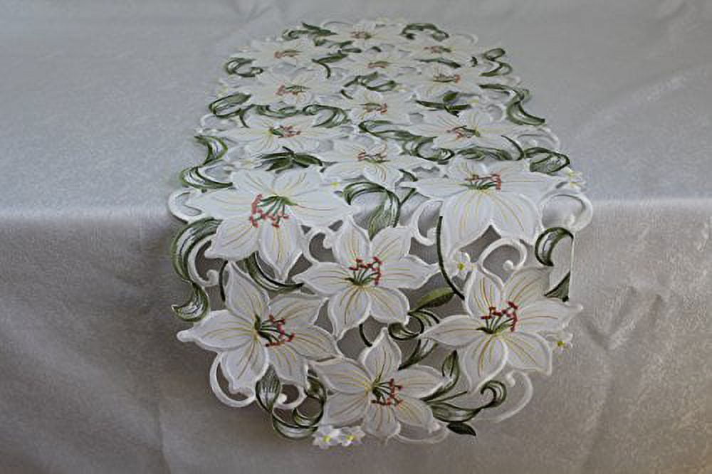 Doily Boutique Easter Table Runner with Bleached White Lilies Lily, Size 54 x 15 inches
