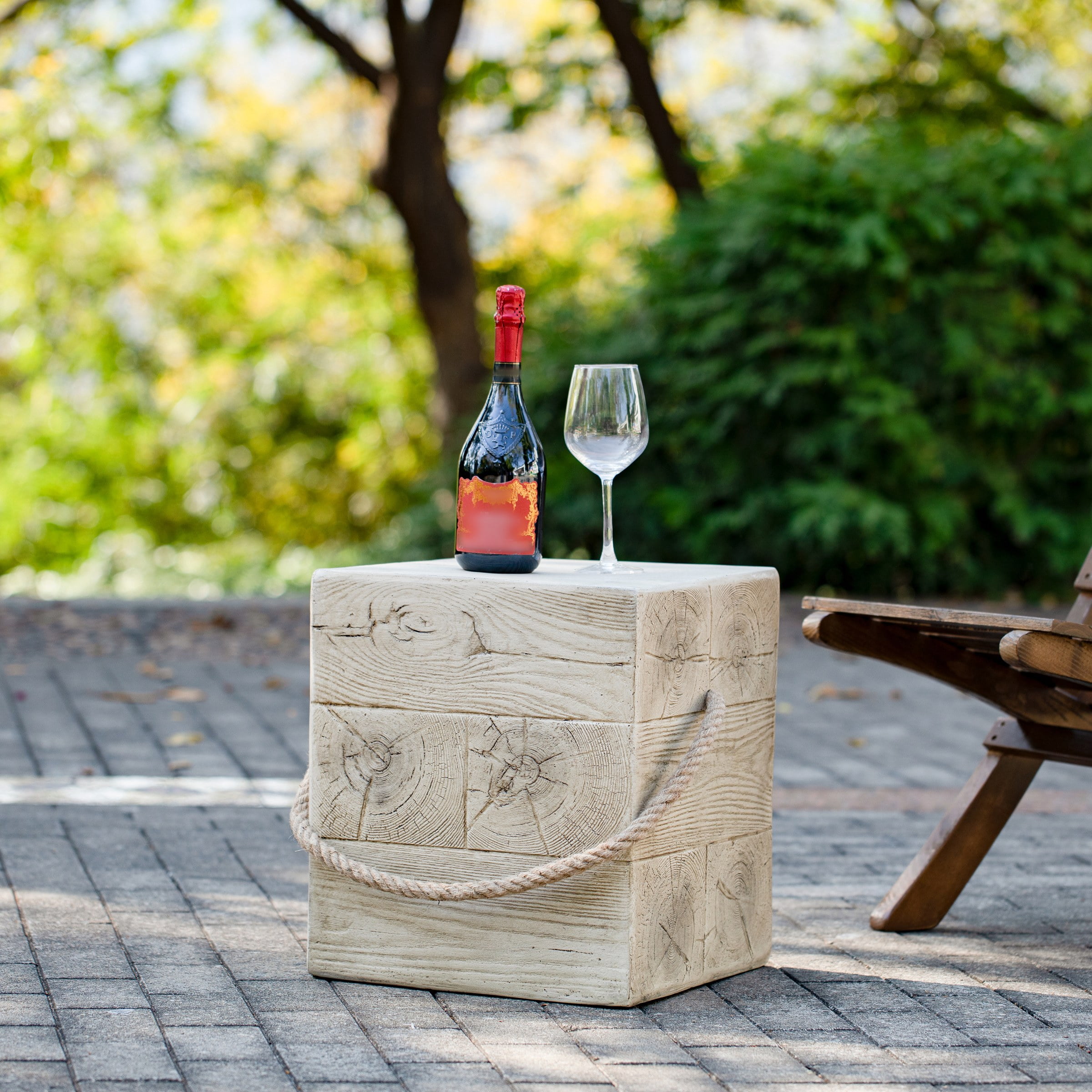 Outdoor Wood Grain Square MGO Side Table with Simulated Braided Cord, Indoor Retro End Table for Home & Patio Decor