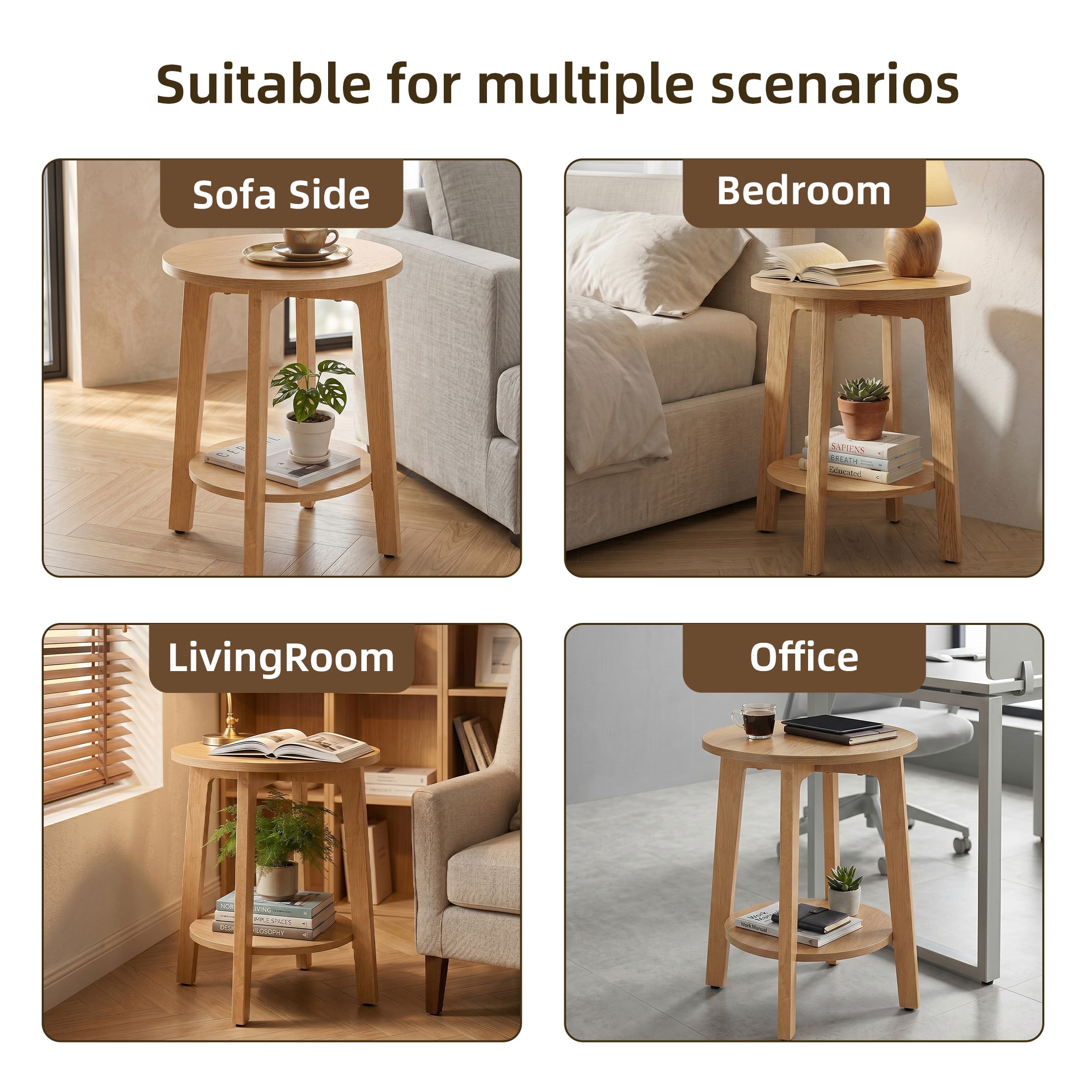 EDX Small Round End Table Set of 2, Modern Nightstand with Tapered Legs, 2-Tier Storage Side Table, Easy Assembly, Space-Saving Accent Table for Living Room Bedroom, Natural Wood