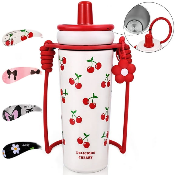 Farcauo 24 OZ Red Cherry Tumbler Insulated Vacuum Stainless Steel Water Bottle Tumbler with Lid Spill Proof Cup for Hot and Cold Drink Leak Proof Travel Mug with Straw Christmas Gift For Women Mother