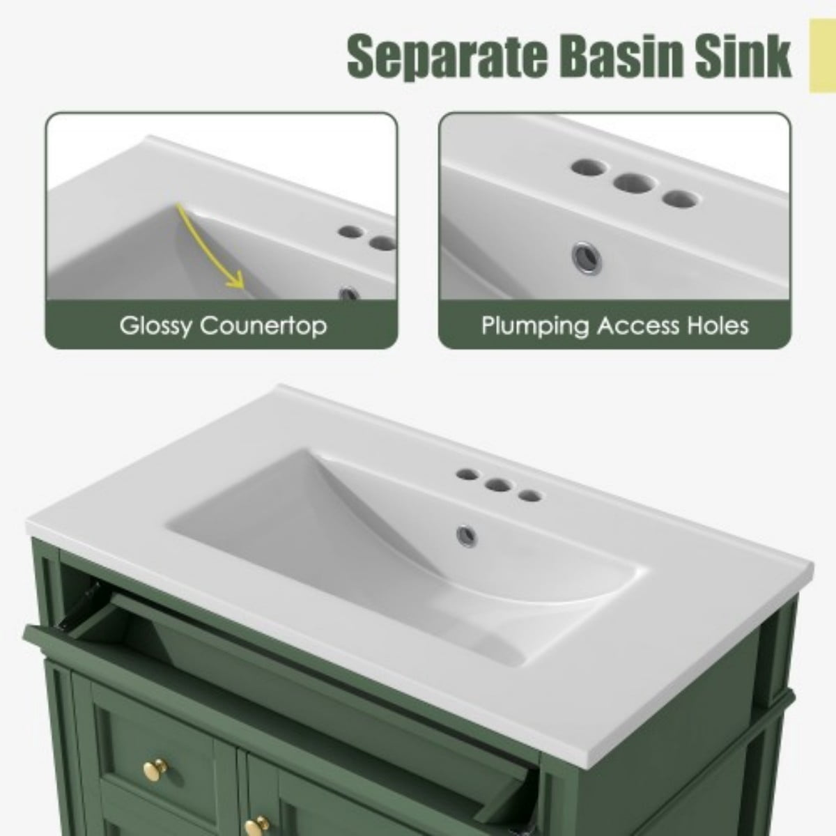 30" Bathroom Vanity with Sink, Modern Freestanding Bathroom Vanity Cabinet with Ceramic Sink, 3 Drawers & Tip-Out Drawer, Adjustable Shelf, White Storage Cabinet, Green
