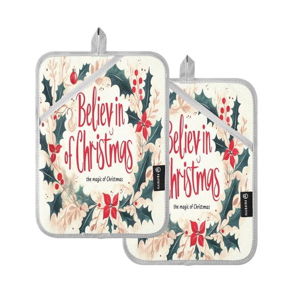 BZSMCE Pot Holder Oven Mitts Cooking baking Red Merry Christmas Elegant Leaf Wreath Creative Pattern Size:7x9.8in