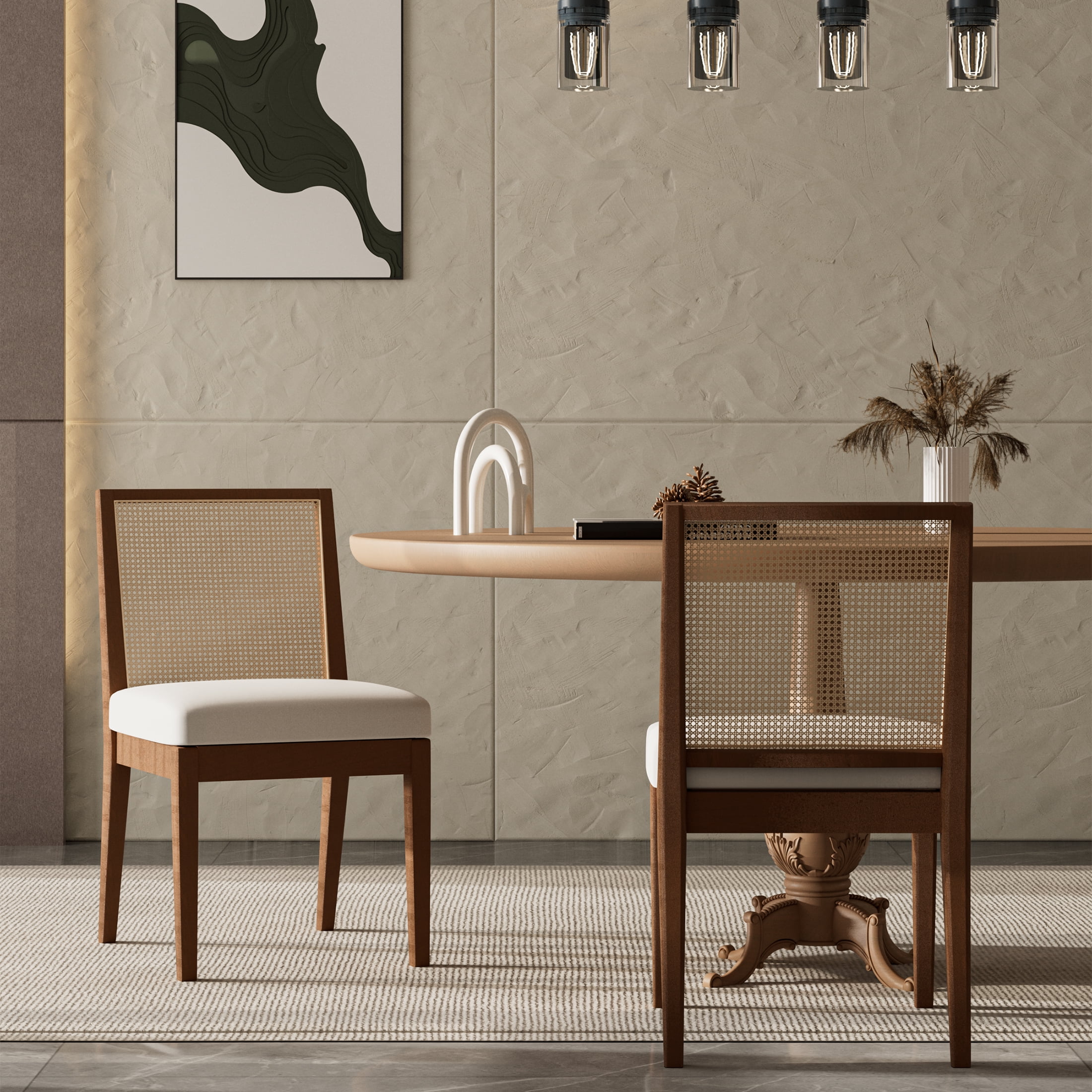 Guyou Farmhouse Rattan Dining Chairs Set of 6, Mid Century Modern Dining Side Chairs with Natural Hardwood Frame, Linen Upholstered French Guyou Kitchen Chairs for Dining Room Bistro, Beige