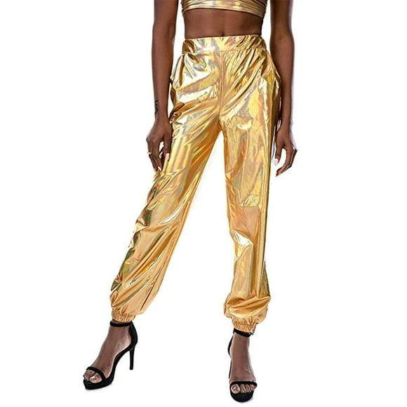 Autumn Women Metallic Shiny Jogger Pants Casual High Waist Holographic Color Cargo Pants Plus Size