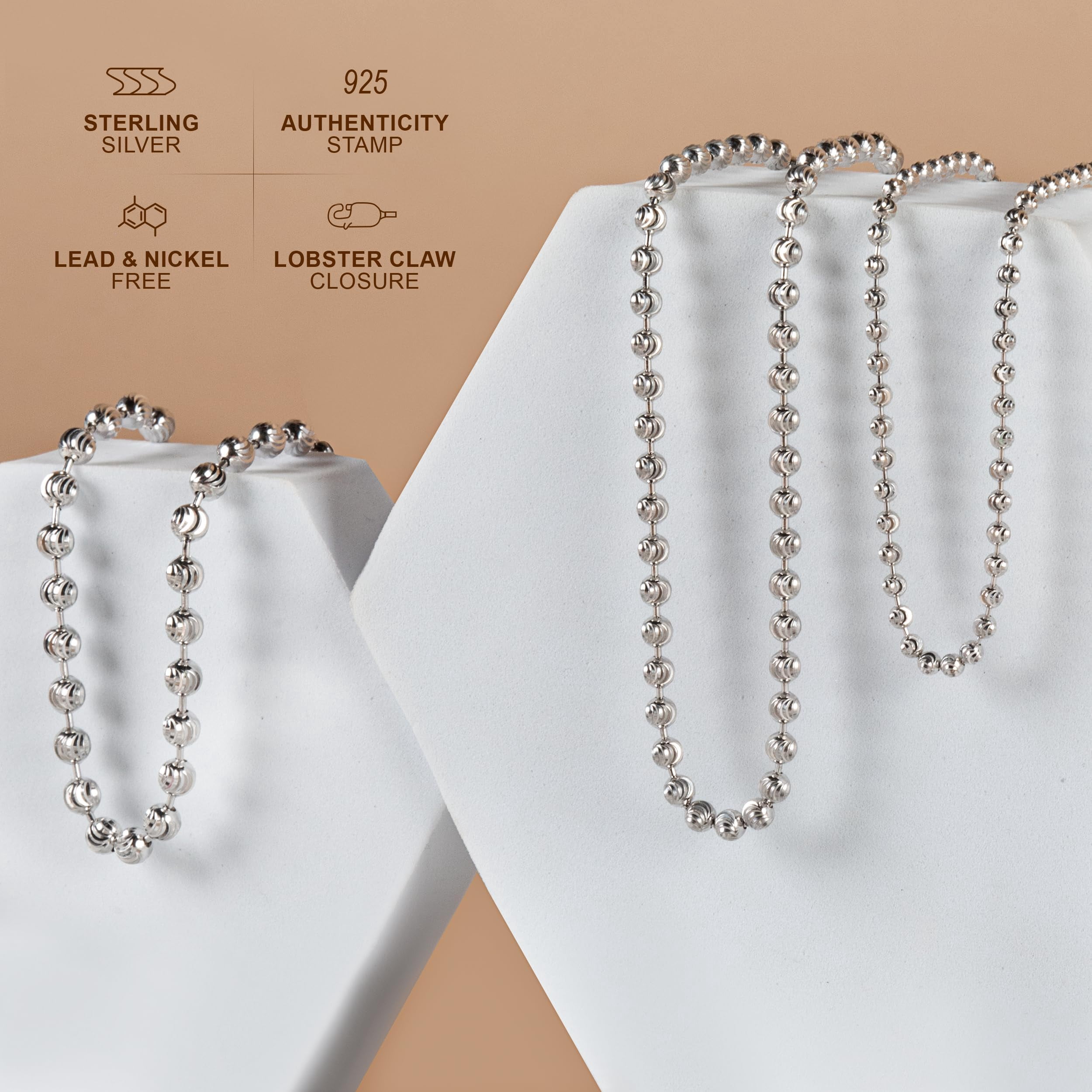 PORI JEWELERS 925 Sterling Silver 3mm, 4mm, 5mm Moon Cut Bead Chain Necklace - Made in Italy - Yellow, Silver