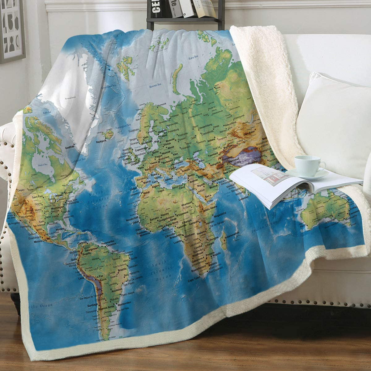 Retro Vintage Reversible World Map Cotton Chenille Sofa Blanket Rug Throw L-XXL 