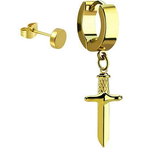 iJewelry2 Gold Tone Stainless Steel Dangling Sword Dagger Large Huggie Hoop and Illusion Plug Stud Earrings