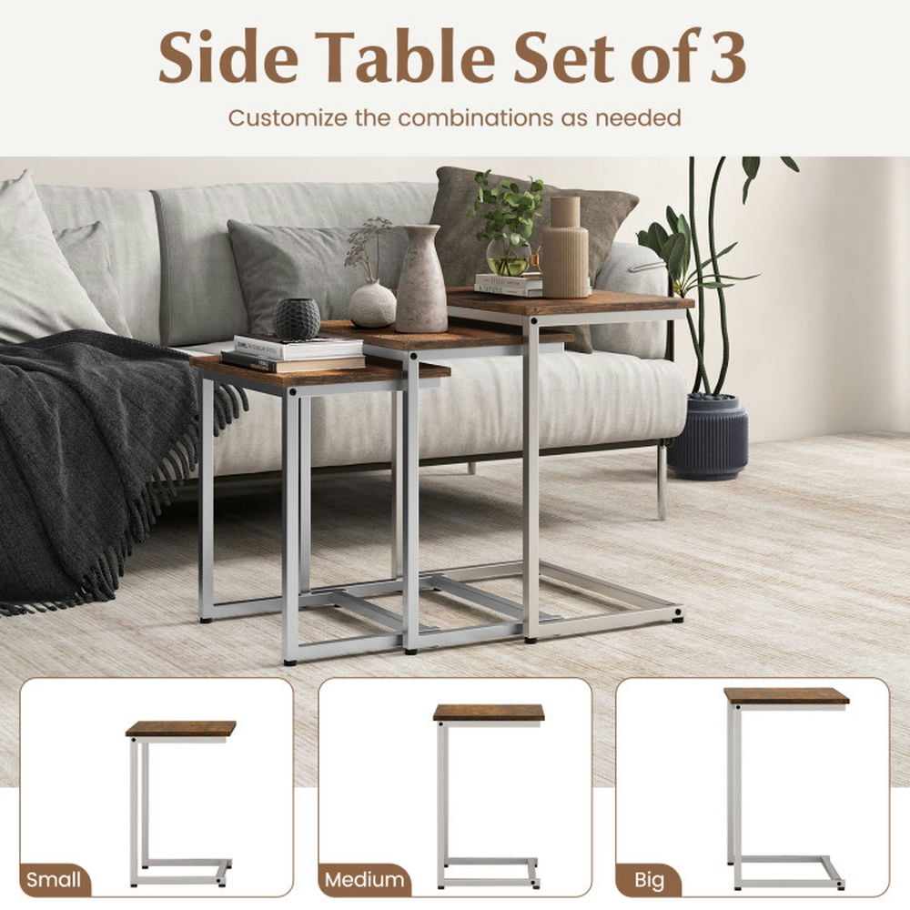 Finihen End Table, Stackable End Table, 3 Pieces Multifunctional Coffee End Table Set, Sofa Side Table, Bed Side Table, for Living Room, Bedroom, Rustic Brown Finihen End Table, Stackable End Table, 3 Pieces Multifunctional Coffee End Table Set, Sofa Side Table, Bed Side Table, for Living Room, Bedroom, Rustic Brown
