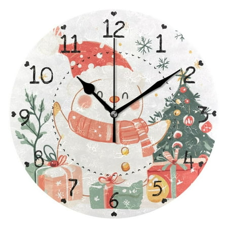 Happy Snowman Christmas Tree Presents Round Wall Clock Silent Analog Battery Operated Black Pointer