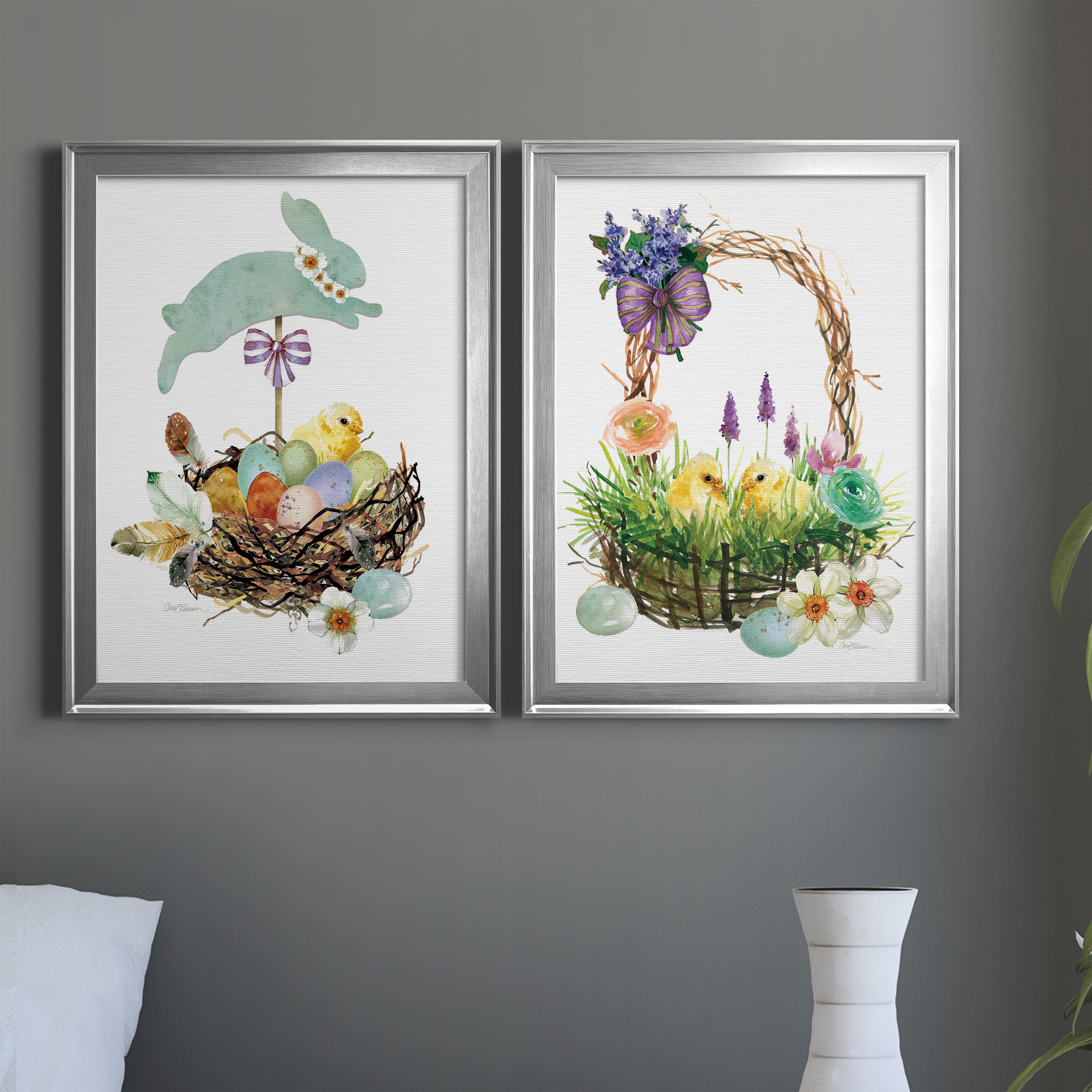 2 Piece Set Bunny Hop Premium Framed Canvas - Ready to Hang - 18.5 x 24.5 Each - Silver Frame