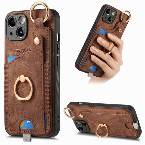 Wallet Case for iPhone 13 Pro, Support Car Mount, Luxury PU Leather Shockproof Anti-Fall 360° Finger Ring Stand Rotatable Kickstand Case with Magnetic Snap & Card Slots - Brown