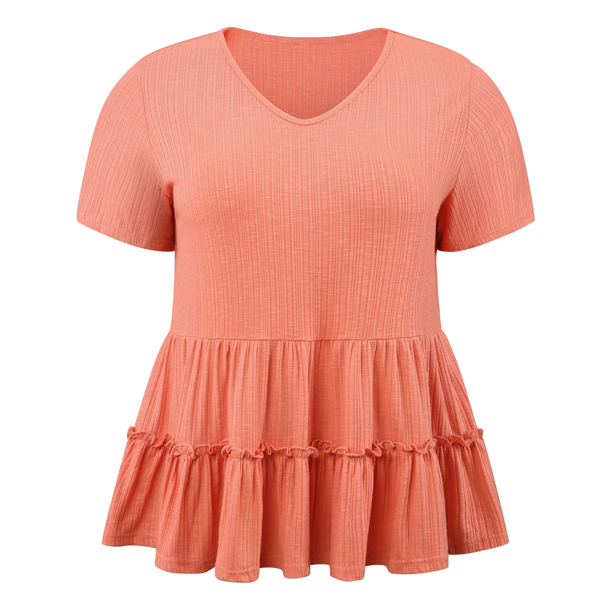 DARING DIVA Women's Plus Babydoll Tops V Neck Casual Loose Fit Blouses 2X Orange