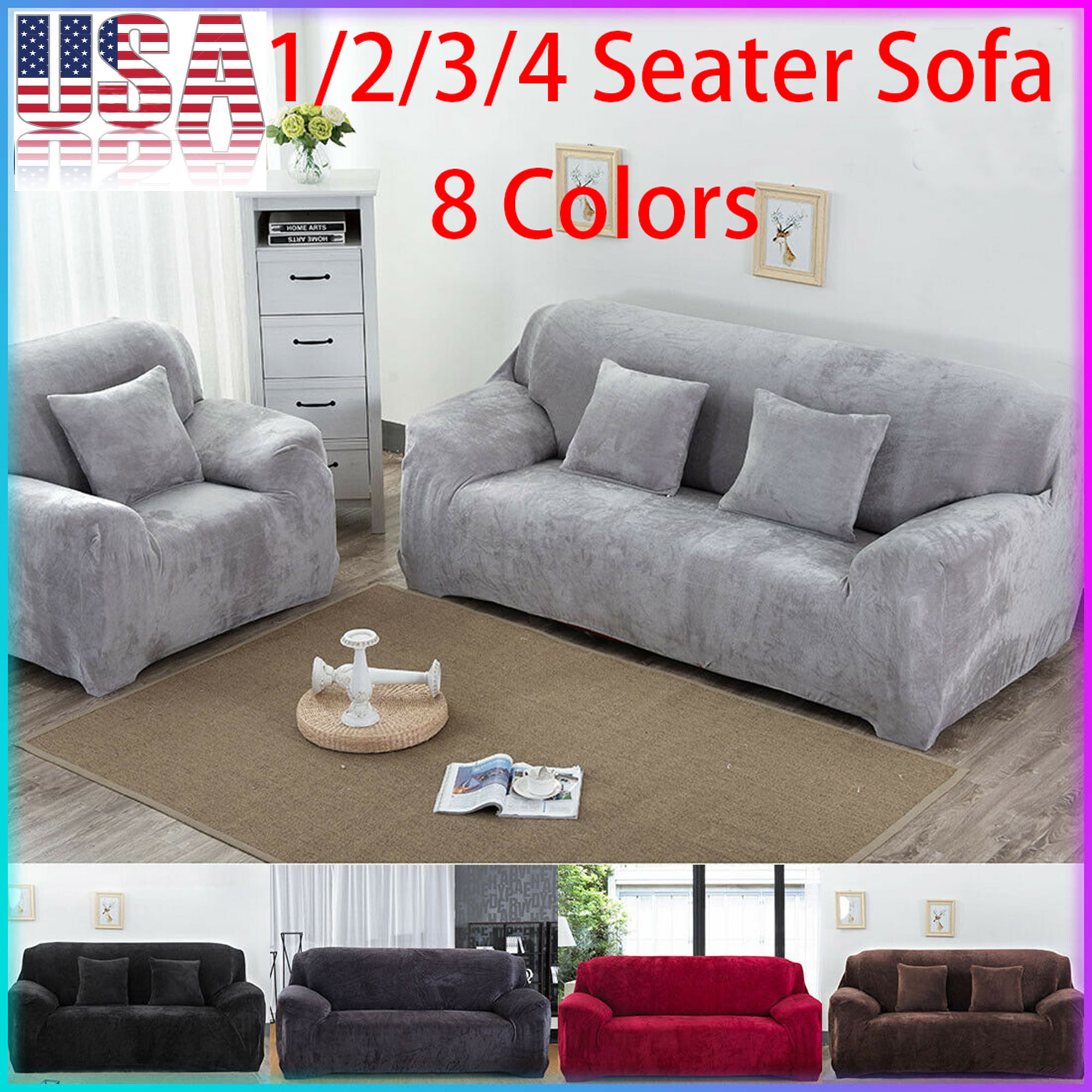 1-4 Seaters Sofa Covers Velvet Thick Plush Stretch Protector Soft Couch Cover 