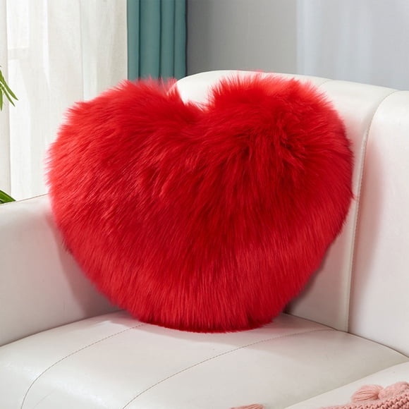 Cojín Rojo En Forma de Corazón de Lana Sintética | Cojín de Sofá de Pelo Largo y Suave | Cojín de Noche para Niñas | 40X30Cm | Poliéster | 1 Unidad