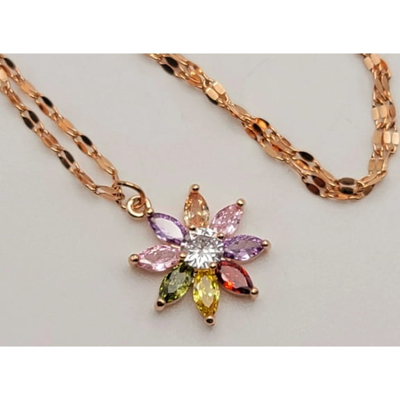 Sunflower Necklace, Flower Charm, Pendant with Crystals on a Dainty Gold
