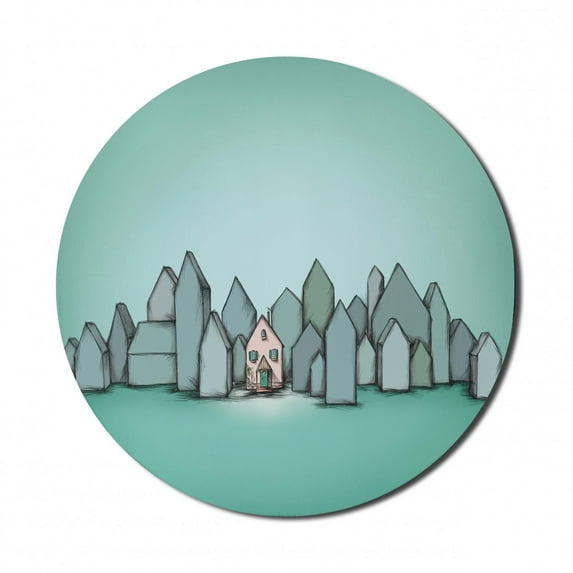 Abstract Mouse Pad for Computers, Illustration of House Silhouettes and Creative Detailed Home, Round Non-Slip Thick Rubber Modern Gaming Mousepad, 8" Round, Seafoam and Multicolor, by Ambesonne