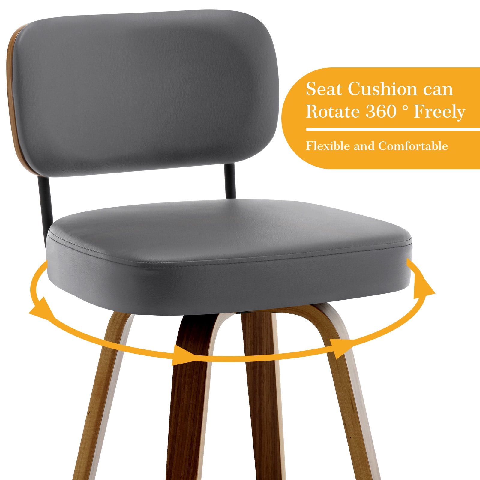 Foreate Swivel PU Bar Stools, Set of 1, 29" Bar Height Upholstered Leather with Mid-Back Wood Legs, Modern Chair Island Counter Stool for Kitchen, Gray