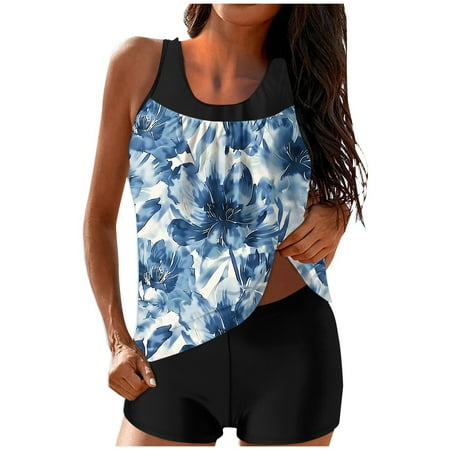 ZQGJB Blouson Tankini Swimsuits for Women Two Pieces Summer Tropical Printed Beach Flowy Swim Tank Top and Boyshorts Tummy Control Bathing Suits(Blue#02 XL)