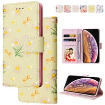RFID Blocking Case For iPhone 15 Wallet Case for Women with Credit Card Holder, Cute Pattern Flower Designed Hand Strap Flip PU Leather Stand For iPhone 15, Yellow Daisy
