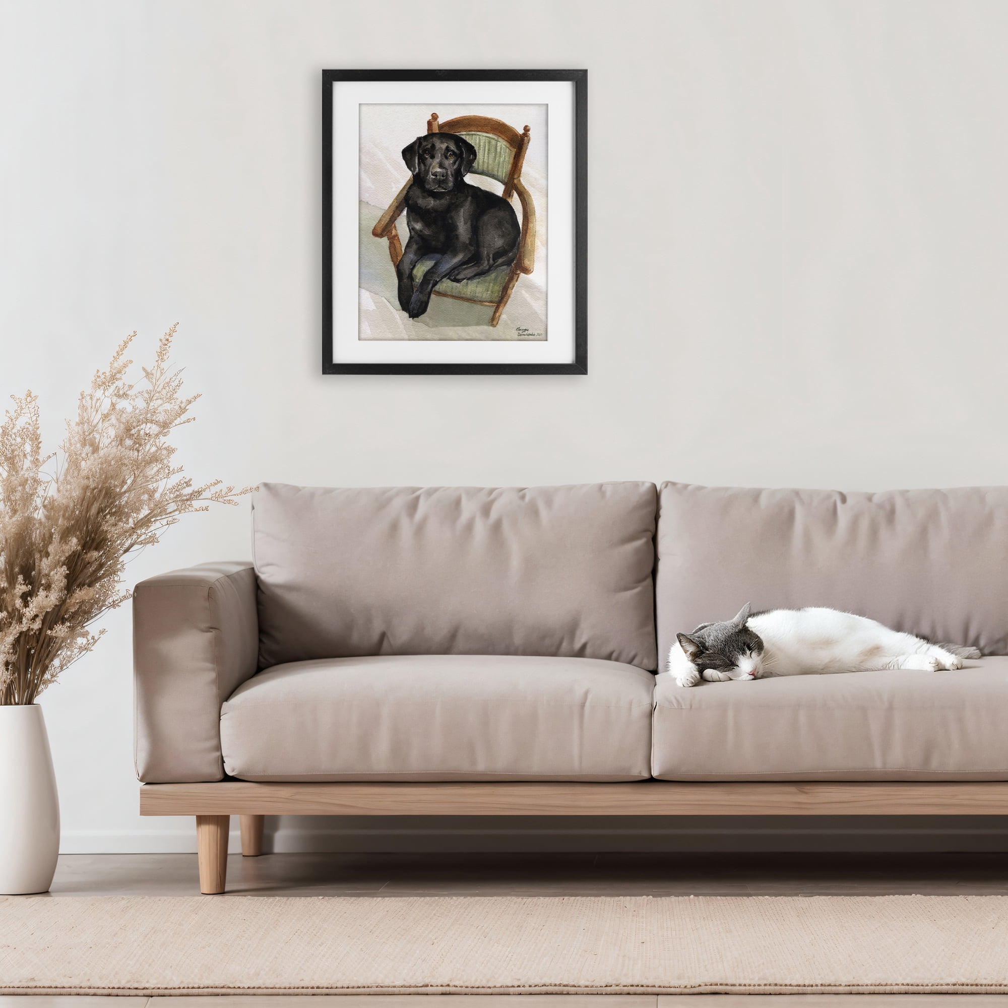 Stupell Industries Black Labrador On Chair Black Framed Print Under Glass, design by George Dyachenko