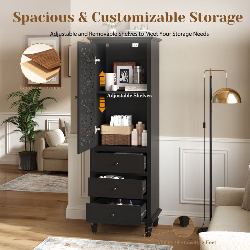 Vintage Storage Cabinet with Carved Door & 3 Drawers, Freestanding Decorative Sideboard, Display Cabinet with Adjustable Shelf