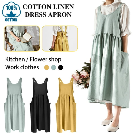 EASTIN Cotton Linen Apron Cross Back Adjustable Apron for Women with Pockets Cute Pinafore Dress for Baking Chef Gardening Without Waist Ties Green