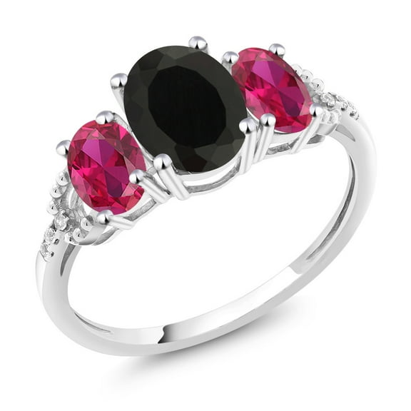 Gem Stone King 10K White Gold Oval Black Onyx Red Created Ruby and Diamond Accent Three-Stone Engagement Ring | Gemstone Birthstone | 2.30 Cttw (Size 7)