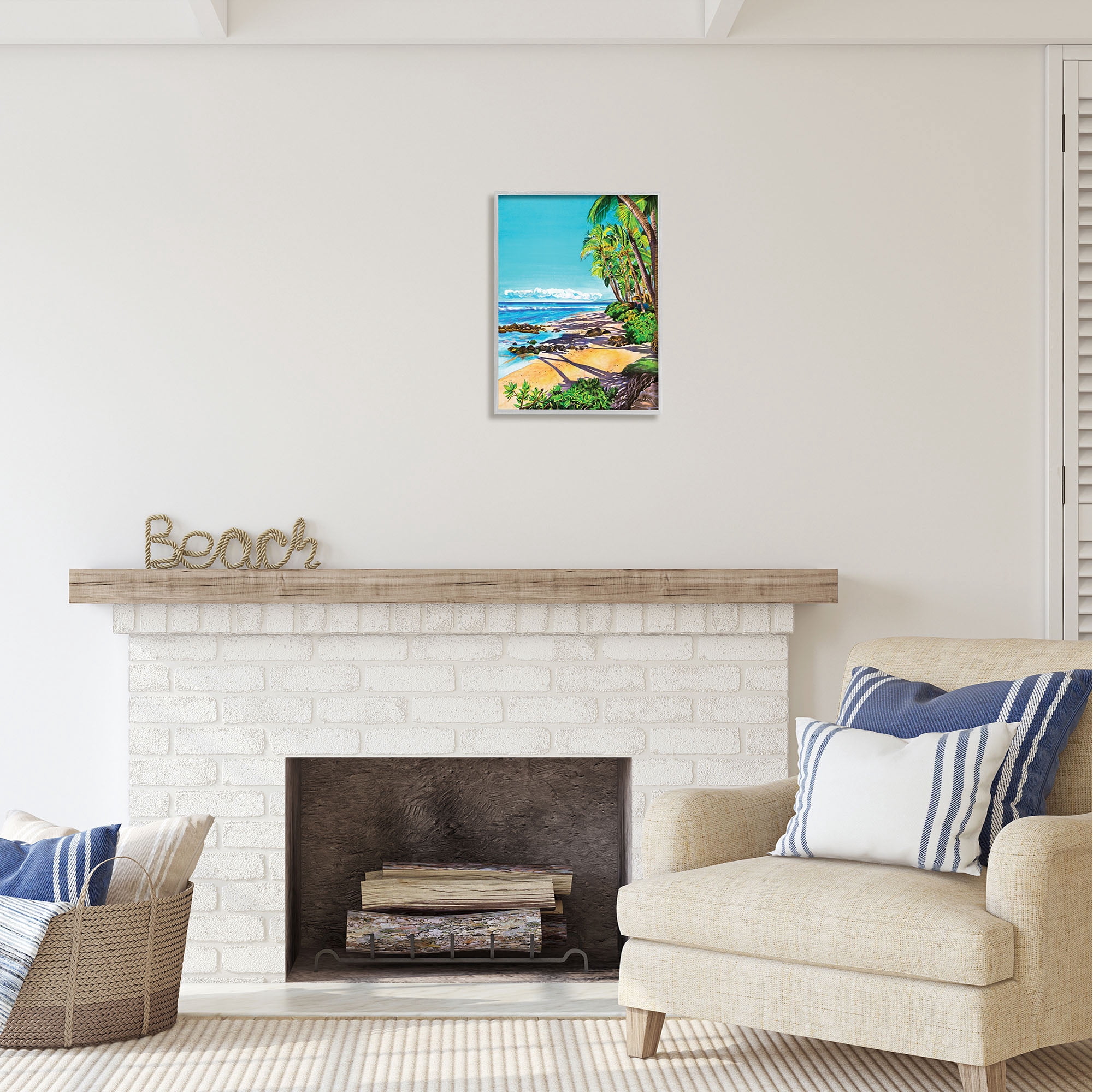 Stupell Industries Tropical Shore Landscape Nature Painting Gray Framed Art Print Wall Art, 16 x 20