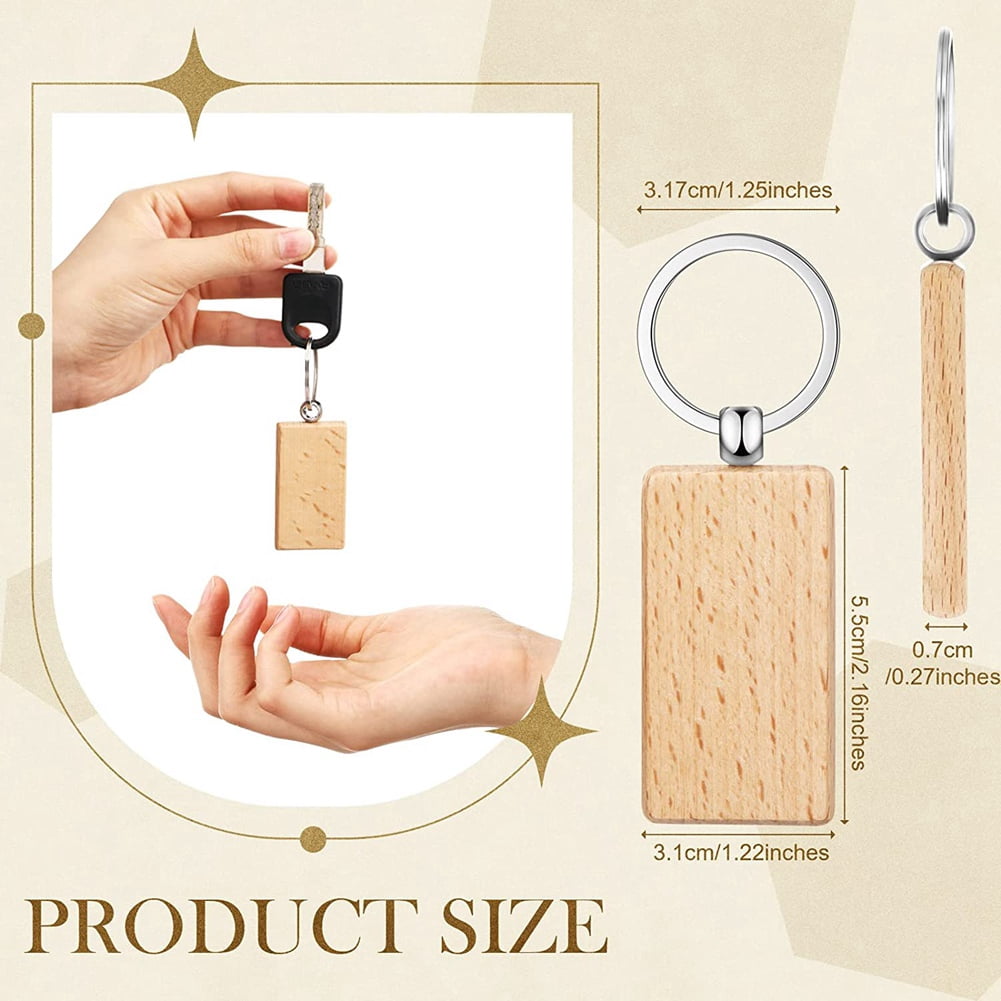 100Pieces Wooden Keychain Blanks Bulk Rectangle Wood Engraving Unfinished Key Ring Tag A