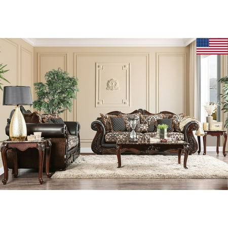 Formal Traditional Victorian Print Brown Sofa Love-seat 2pc Set Fabric Cushion Luxury Made in
