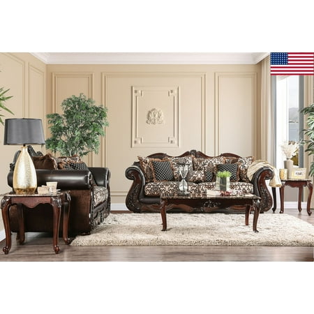 Formal Luxury Living Room Sets Formal Traditional Victorian Print Brown Sofa Love-seat 2pc Set Fabric Cushion Luxury Made in USA ()