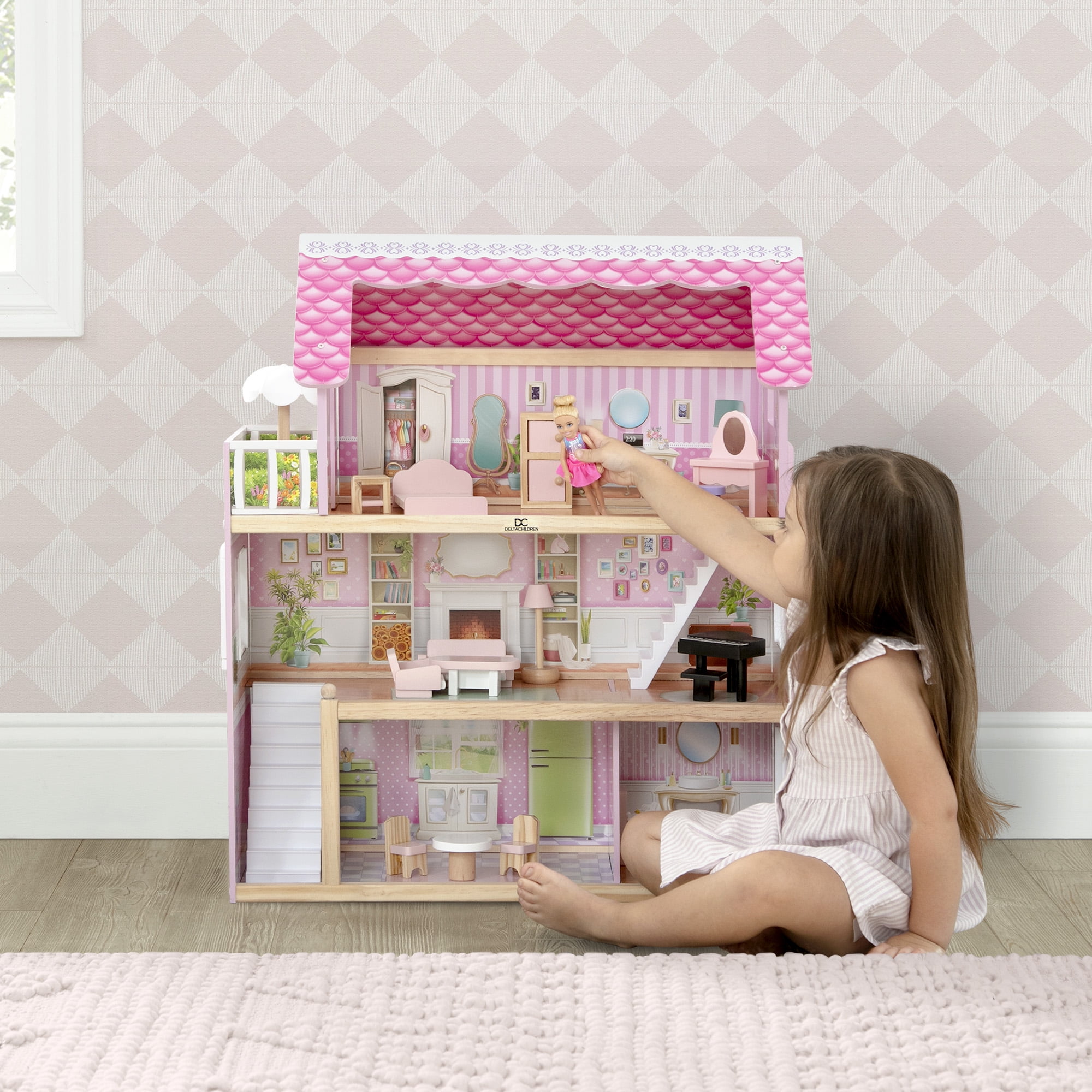 Delta Children Little Gem Dollhouse - Wooden 3-Story Dollhouse with 4 Rooms - Includes 16 Accessories - Fits 5-inch Dolls - Pretend Play Dream Gift for Ages 3+