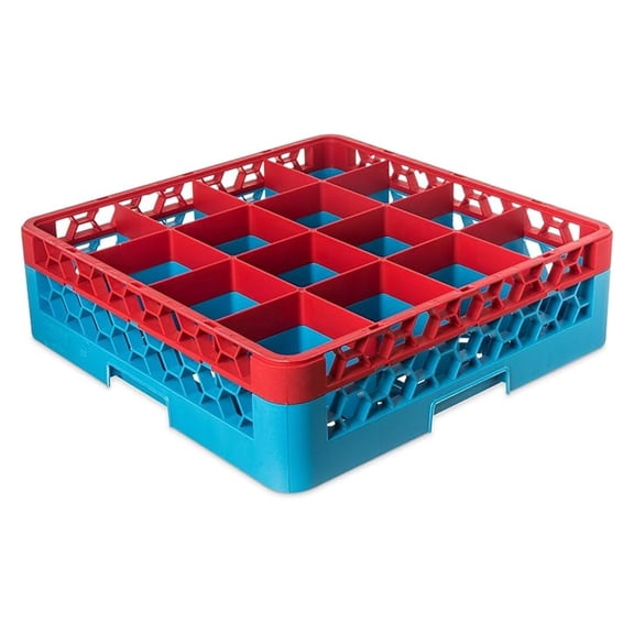 RG16-1C410 OptiClean 16 Compartment Glass Rack with 1 Extender, 5.56", Polypropylene, Red/ Blue