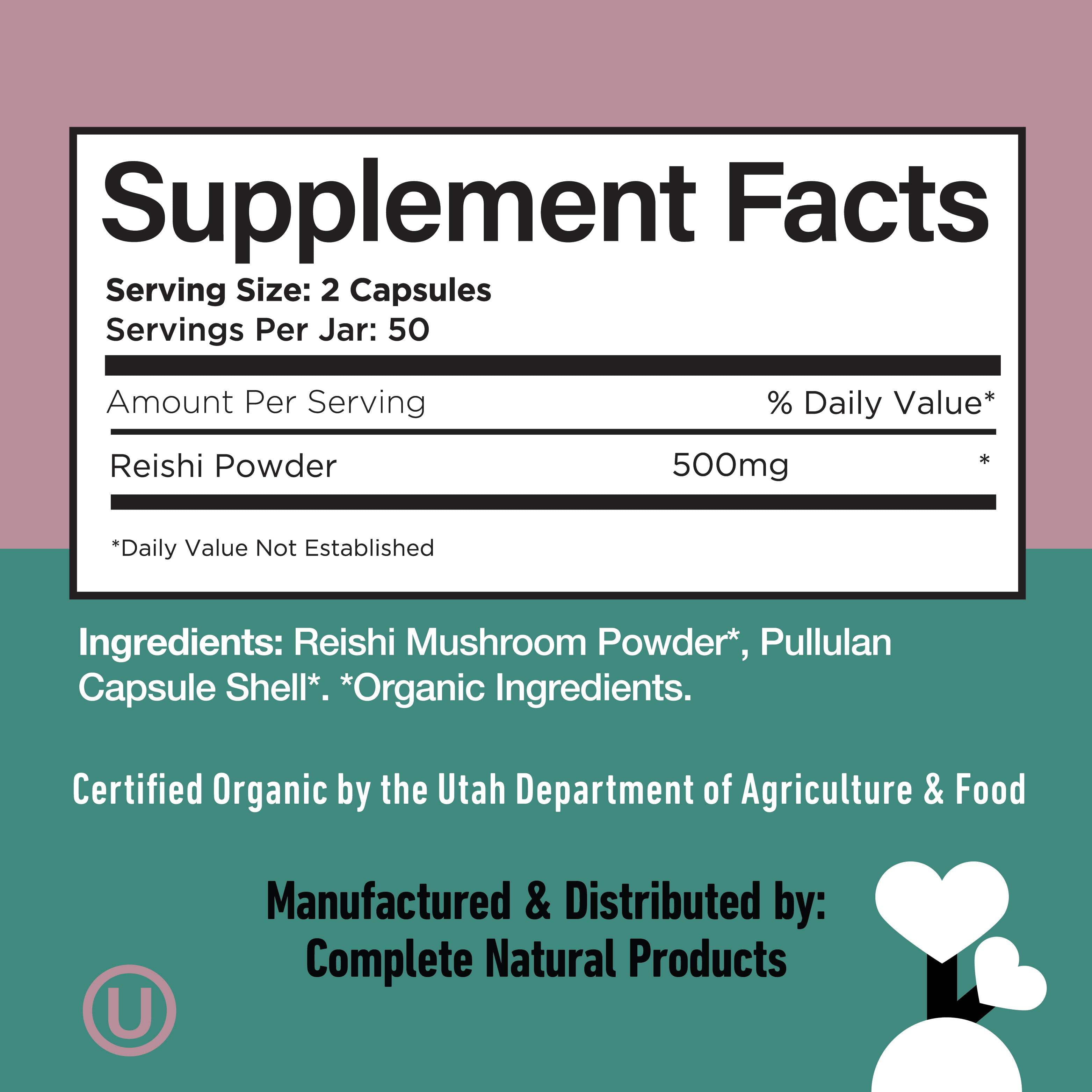 Complete Natural Products Organic Reishi Mushroom Capsules, 250mg, 100ct | Fruiting Body Extract | Plant-Based | Adaptogenic Support | Made in USA | Organic & Kosher Capsules