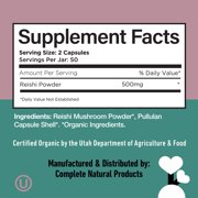 Complete Natural Products Organic Reishi Mushroom Capsules, 250mg, 100ct | Fruiting Body Extract | Plant-Based | Adaptogenic Support | Made in USA | Organic & Kosher Capsules