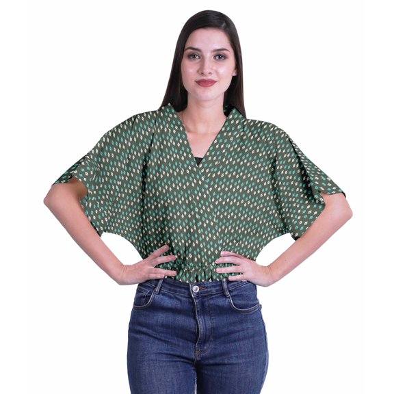 Moomaya Printed Womens Wrap Blouse Moss Georgette Elastic Waist Summer Crop Top