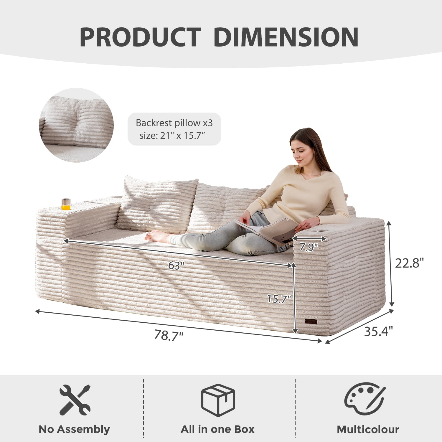 BYBYME 78.7" Corduroy Cloud Floor Sofa,Modular Comfy Small Cloud Couch for Small Spaces,Boneless Sofa for Living Room,No Assembly,3-Seater,Grey