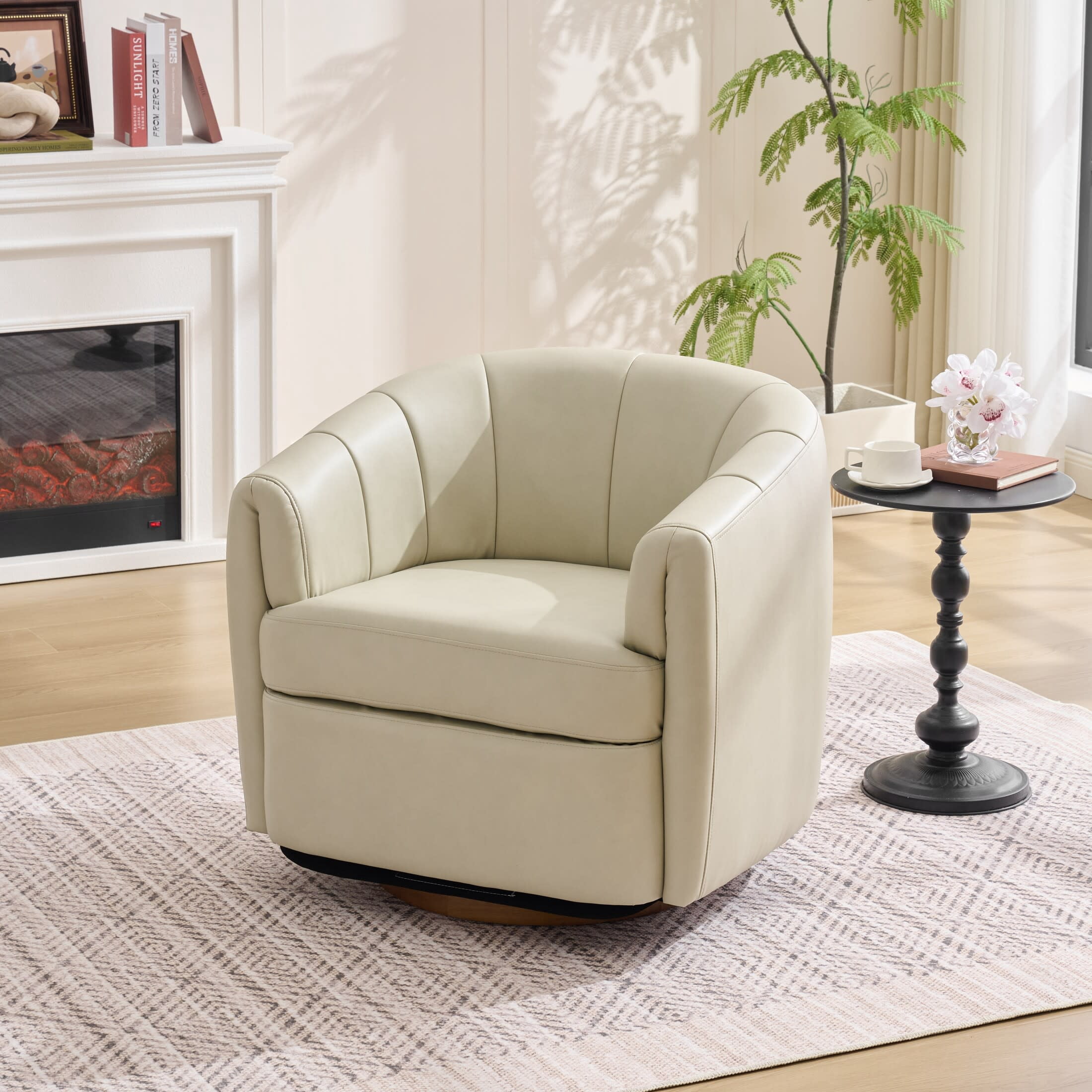 Noble House Swivel Accent Chair with Solid Wood Base, PU Leather Upholstered Armchair for Living Room, Cream