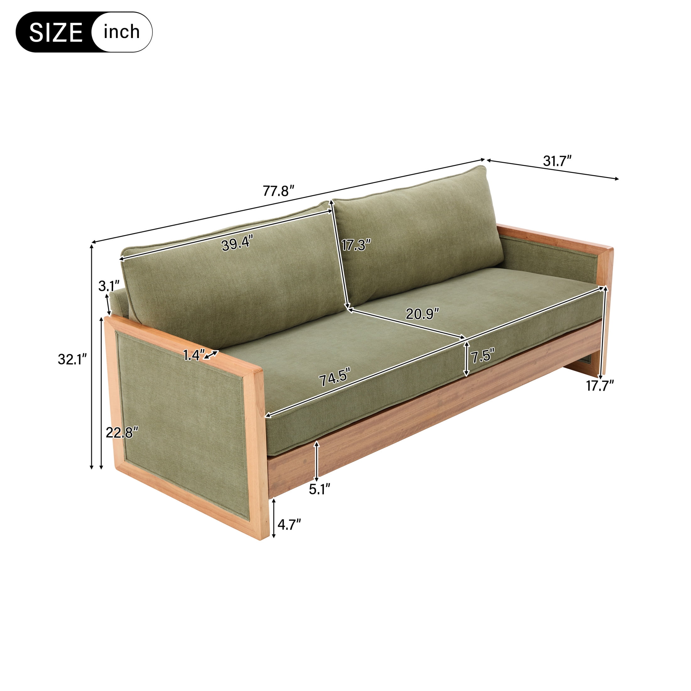 Christopher Knight Home Modern 77.8" Three-Seater Sofa, Chenille Upholstered Couch with Wood Frame, Green